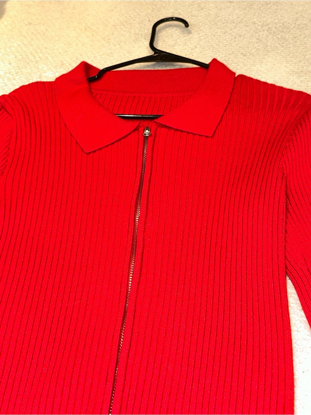 Vintage Red Ribbed Zip-Front Collared Sweater - Picture 3 of 3